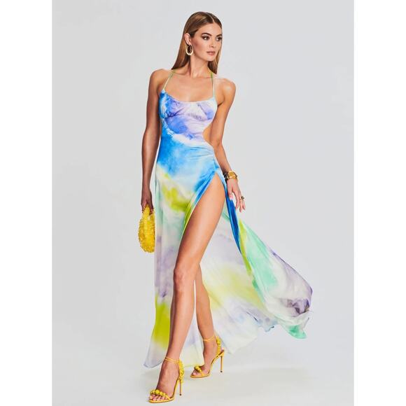 NEW Retrofete Scarlet Tie-Dye Open Back Silk Maxi Gown Dress Watercolor Wave - Picture 1 of 16
